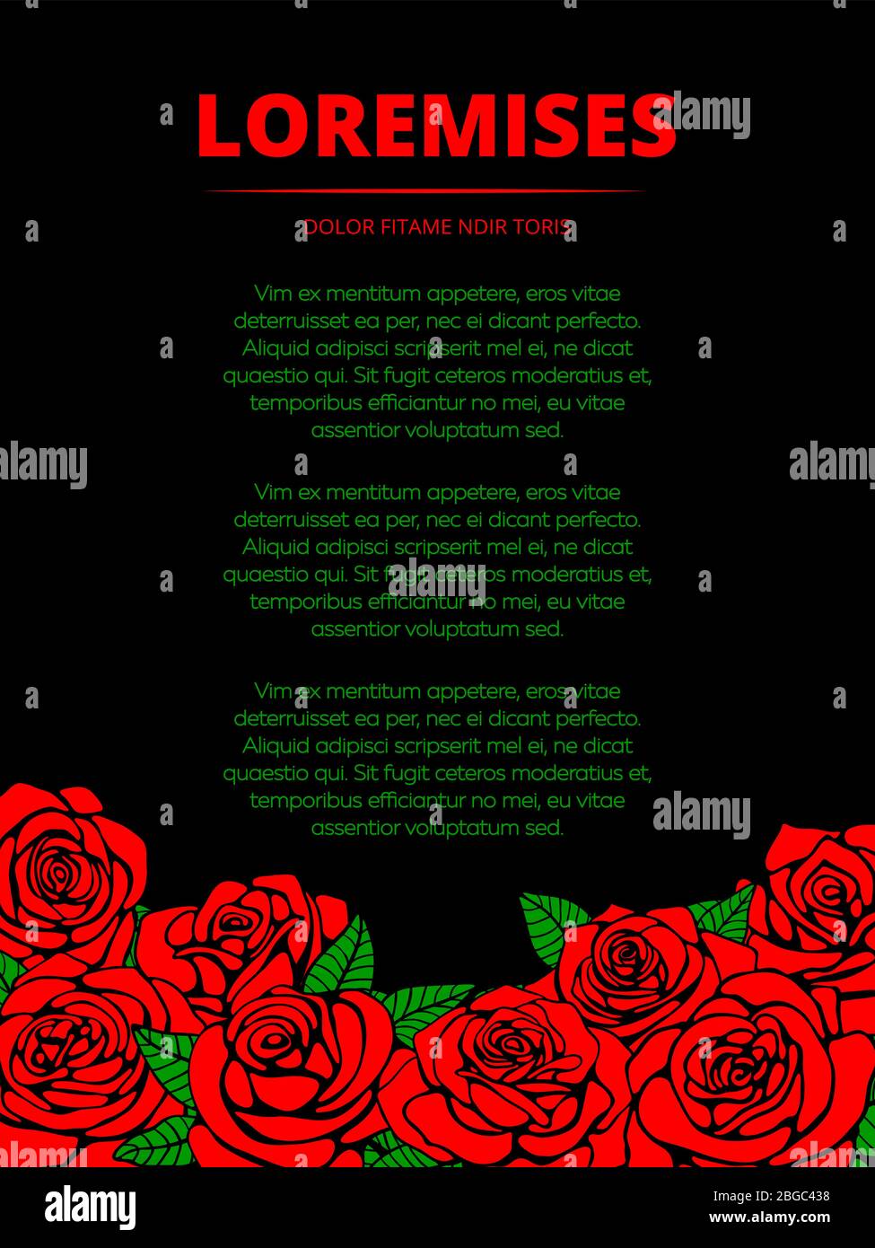 Schwarzes Poster Banner mit roten Rosen und grünen Blättern. Vektorgrafik Stock Vektor
