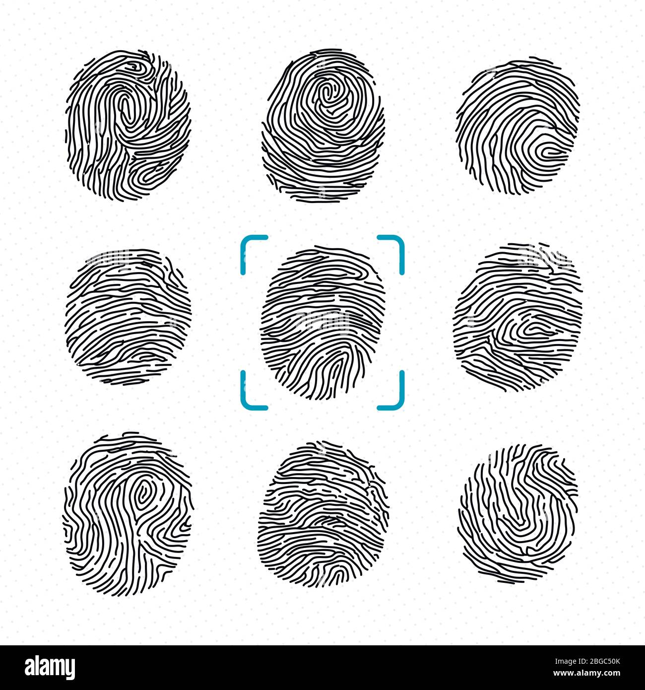 Satz verschiedener Fingerabdrücke. Polizeiscanner für kriminelle Identität. Vektor-Schwarzweißbilder Stock Vektor