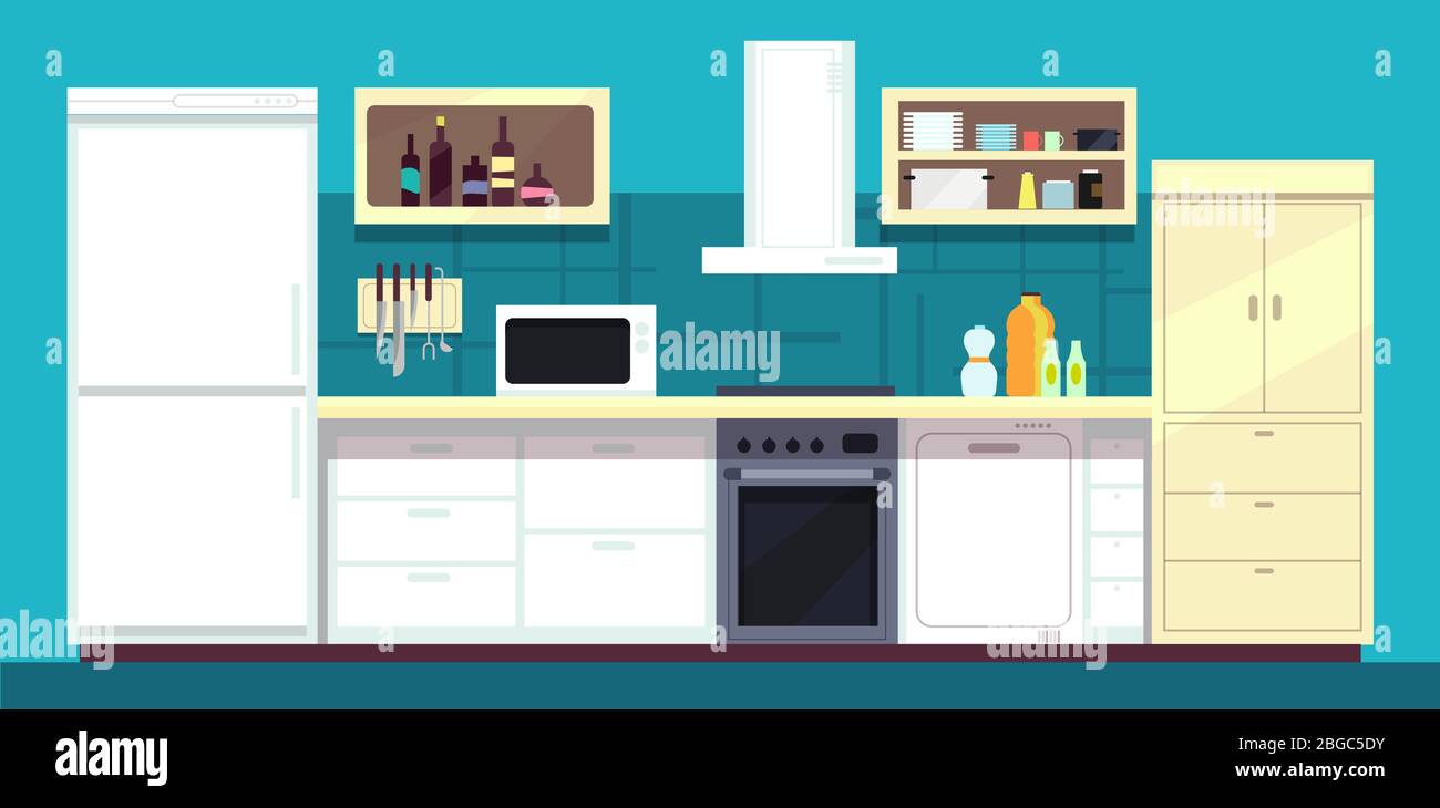 Cartoon Küche Innenraum mit Kühlschrank, Backofen und andere Haushaltsgeräte Vektor-Illustration. Küche und Herd Innenraum, Kochen und Kühlschrank häusliche Stock Vektor