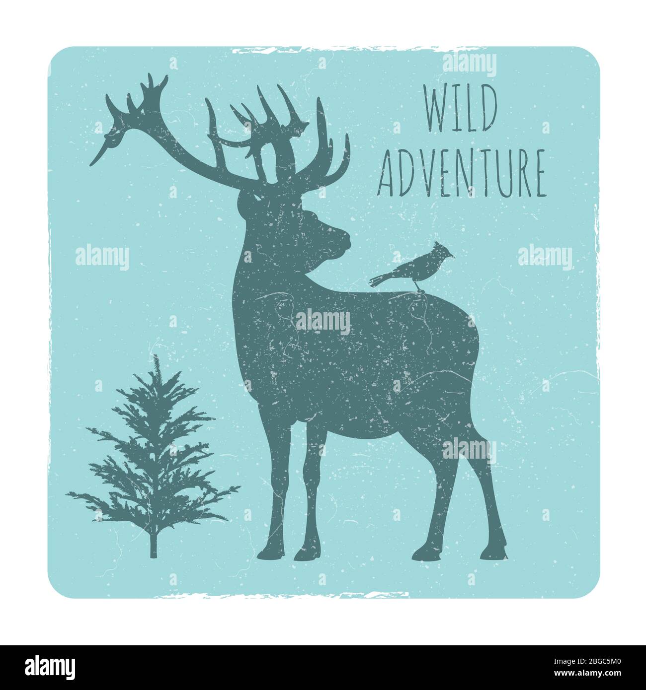 Wild Forest Abenteuer Emblem mit Hirsch und Vogel Silhouette. Vektor Hirsch Tier wild Abenteuer Illustration Stock Vektor