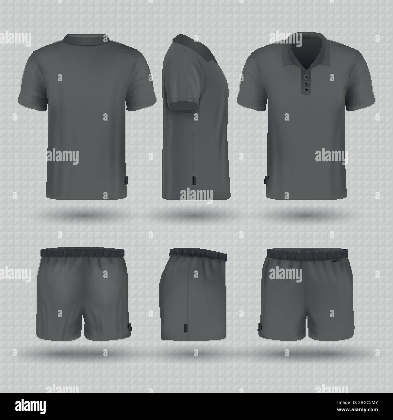 Fußball schwarze Sportuniform. Männer Shorts und T-Shirt vorne, seitlich und hinten Ansicht Vektor Mockup. Illustration von T-Shirt und kurz für den Sport Stock Vektor