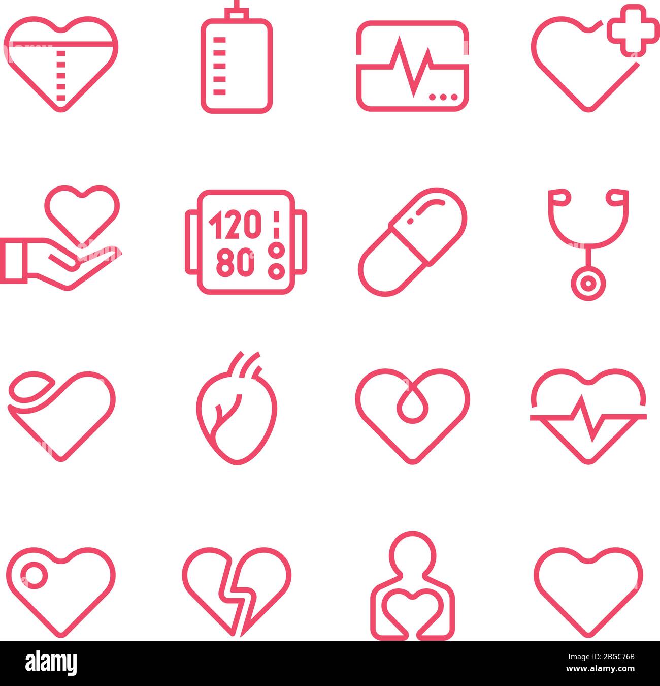 Vektorliniensymbole für die Kardiologie Medizin. Vektorsymbole für Kardiologen und Herzerkrankungen. Symbole für die gesunde Herzlinie. Illustration der Kardiologie Medizin Stock Vektor