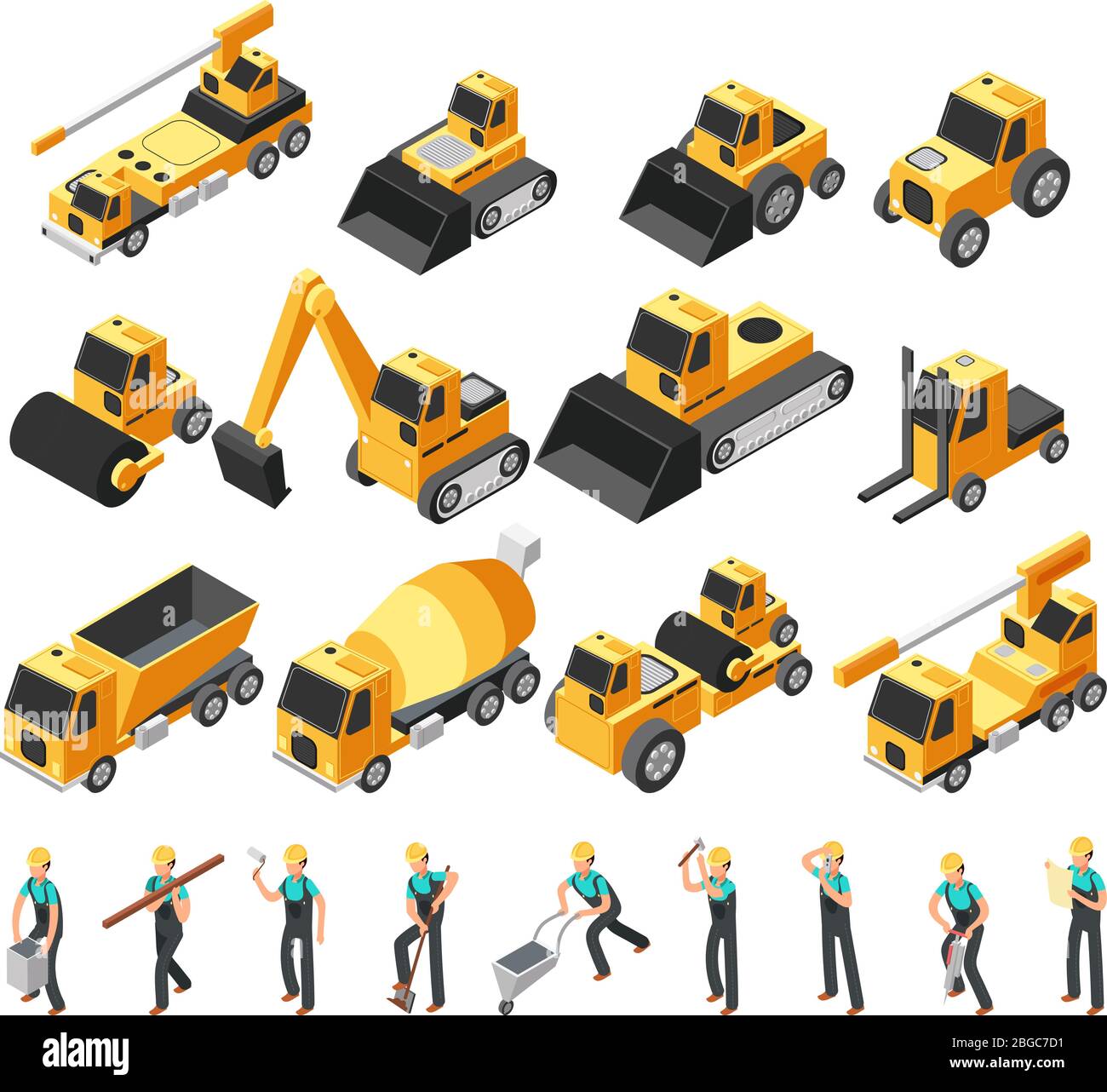 Isometrische Bauarbeiter, Baumaschinen und Ausrüstung 3d-Vektor-Set. Baumaschinen und Planierraupen Maschinen Illustration Stock Vektor