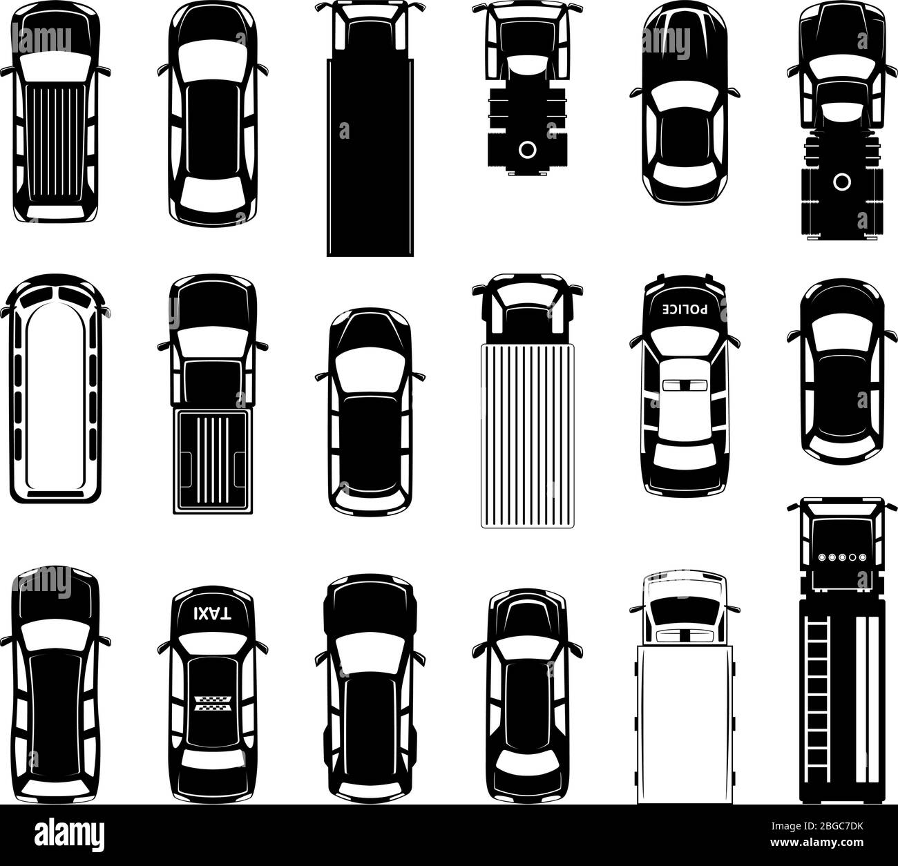 Draufsicht auf verschiedene Dachwagen auf der Straße. Schwarze Vektor-Icons von Automobilen Stock Vektor