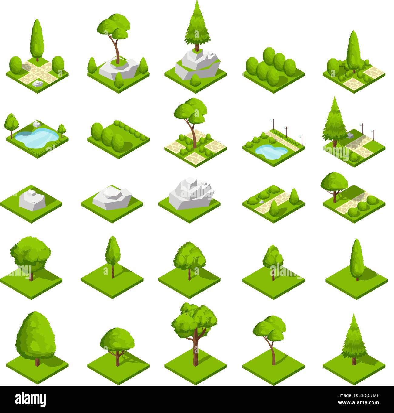 Isometrische 3d-Naturelemente. Wald und Stadtpark Bäume und Pflanzen. Vektorgrafik. Holz und Park grünen Naturteil, natürliche Öko isometrische Illustration Stock Vektor