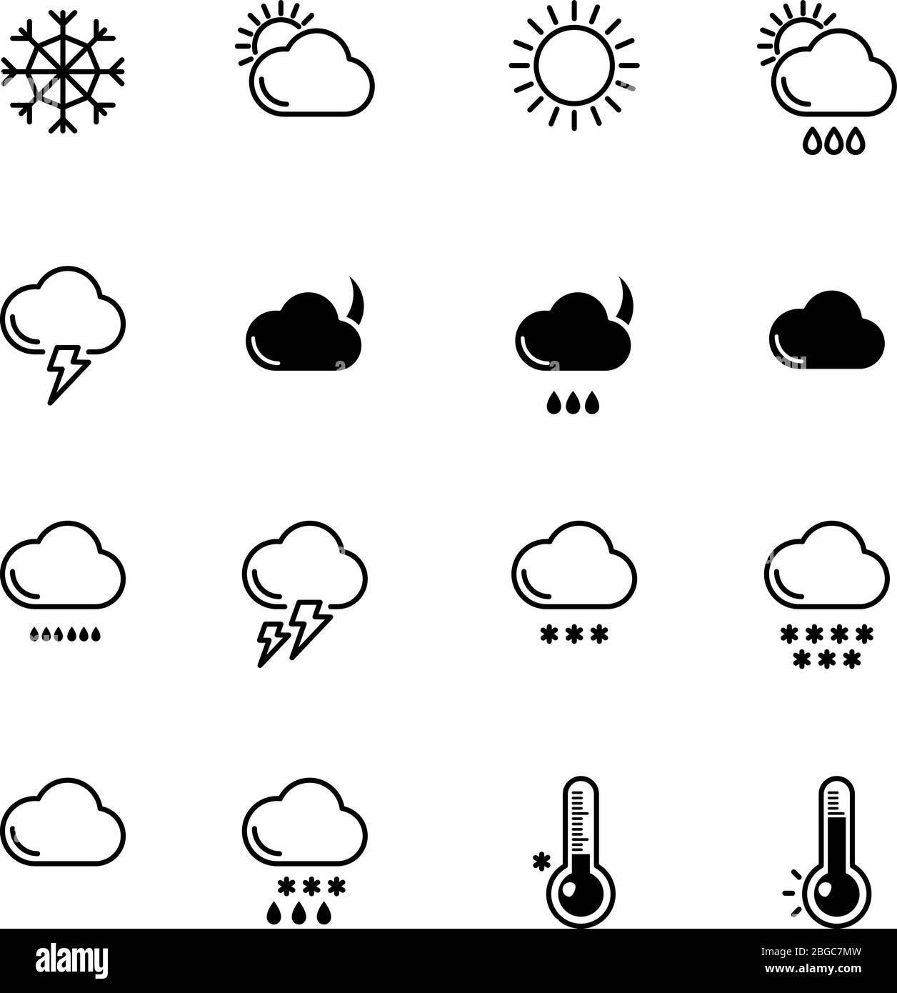 Symbole für eine monochromen Linie gesetzt. Wettersymbole. Wind, Regen und sonnige Illustrationen Stock Vektor