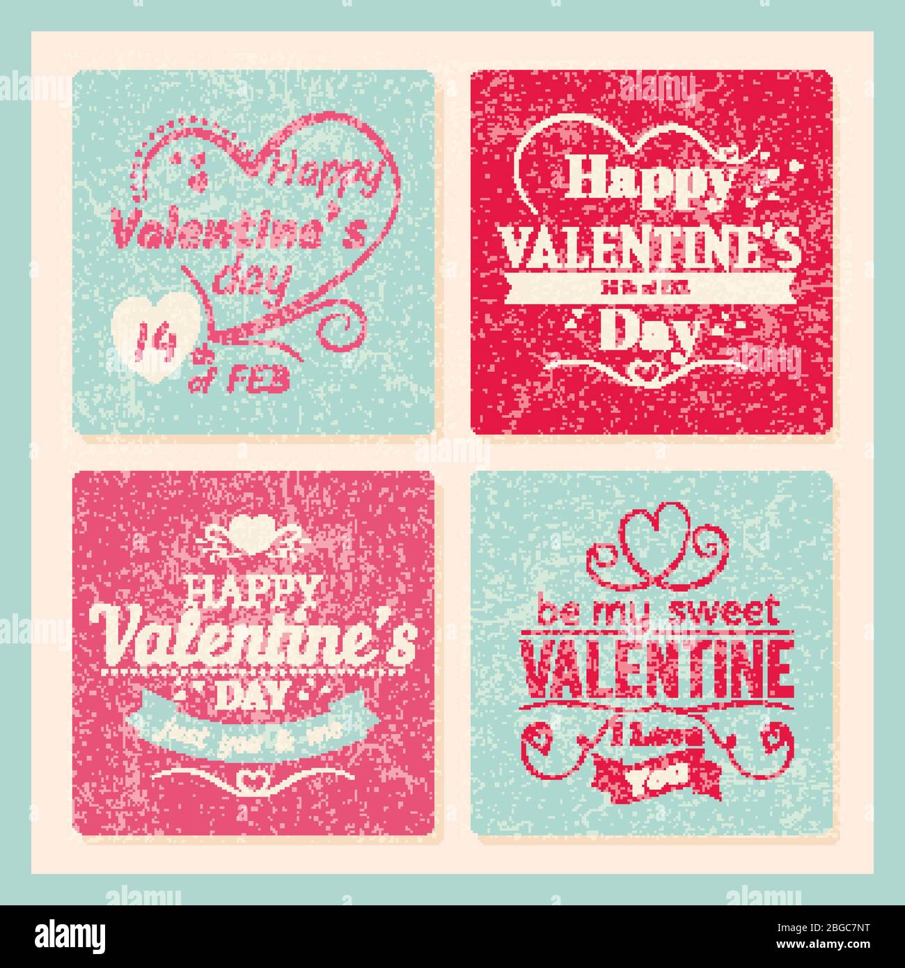 Bunte Valentinstag Grunge Karten Vorlage mit Typografie Zeichen und Herzen. Valentine liebe Grunge Poster romantische Banner Gruß. Vektorgrafik Stock Vektor
