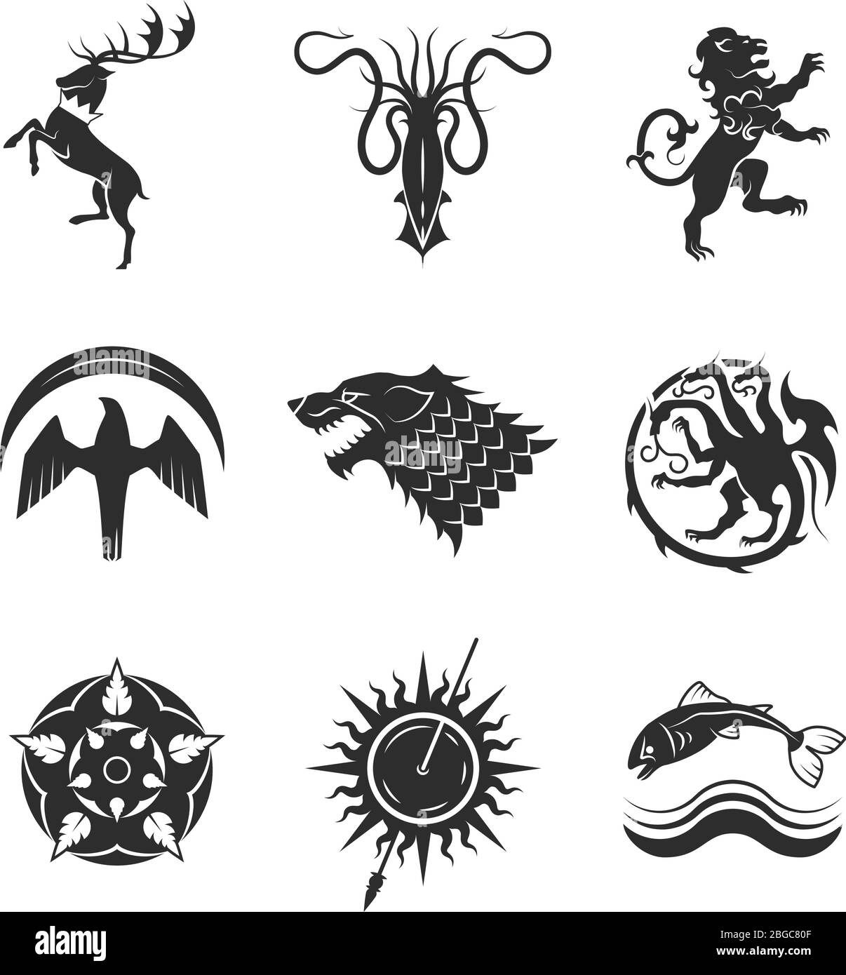 Great Kingdoms beherbergt Spiele heraldischen Vektor-Symbole mit Linie Tiere und Thron-Symbole. Tier Tattoo für mittelalterliche Heraldik Illustration Stock Vektor