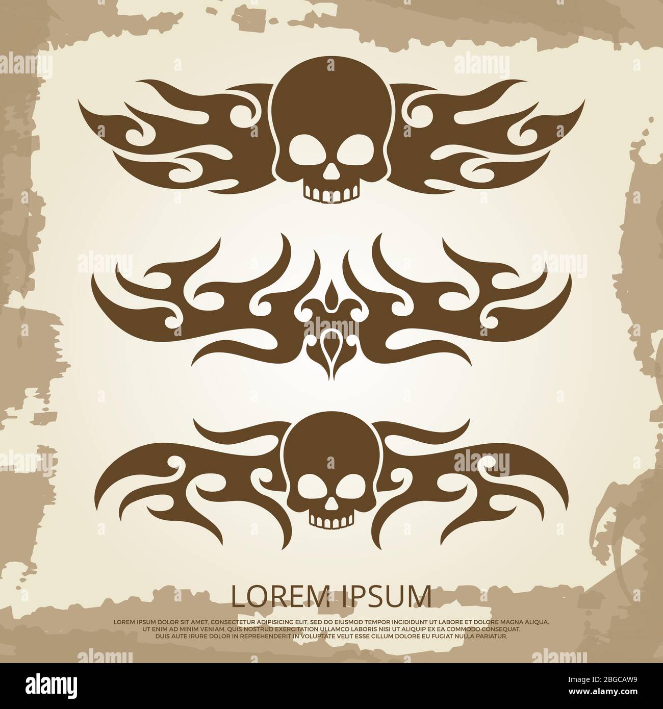 Vintage Retro Hintergrund mit Totenkopf Vinyl Dekoration Elemente. Vektorgrafik Stock Vektor