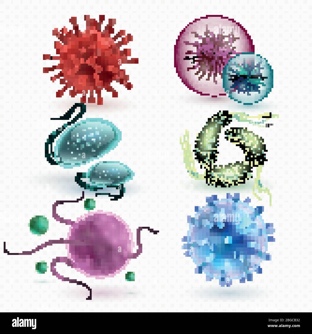 Realistisches 3d mikroskopische Viren und Bakterien isolierte Vektor-Set. Mikroskopische Zellkrankheit, Bakterium und Mikroorganismus Illustration Stock Vektor