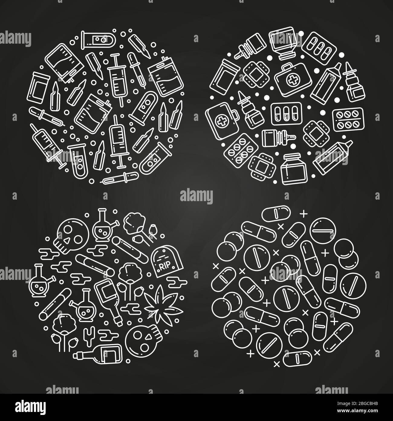 Medizin lineare Icons - Medikamente Pillen Flaschen Vitamine runde Konzepte auf Tafel. Vektorgrafik Stock Vektor