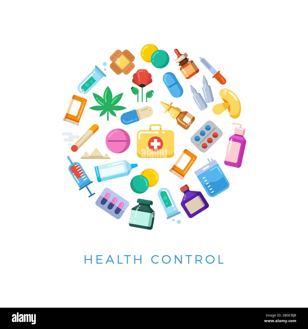 Medizinische Gesundheit Kontrolle rund Konzept - Bright Pillen Flaschen Medikamente Symbole. Medizinische Gesundheitskontrolle, Zigarette und Spritze, Mohn und Pilz, Marihuana-Droge. Vektorgrafik Stock Vektor