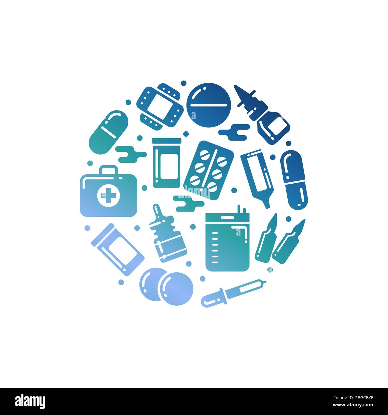 Medizin Silhouetten Flaschen Pillen Medikamente rund Konzept Design. Vektorgrafik Stock Vektor