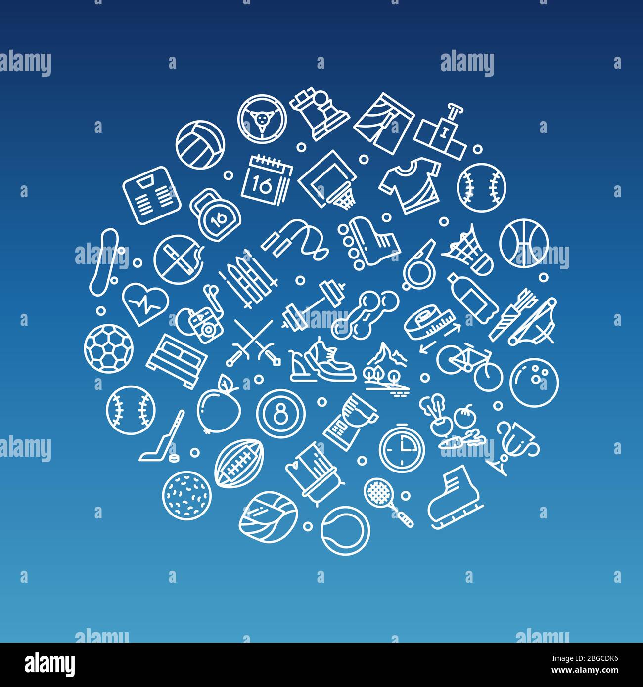 Sport Tools Linie Symbole im Kreis-Design. Trendiges Fitness-Logo in Weiß. Vektorgrafik Stock Vektor