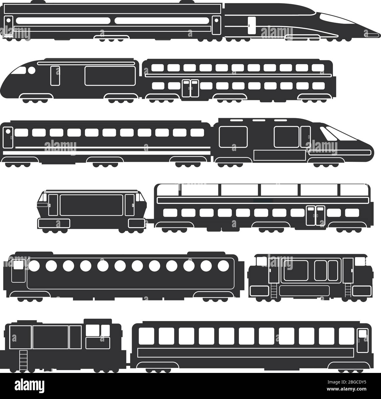 Züge und Waggons schwarz Vektor Eisenbahn Fracht-und Personentransport Silhouetten. Zugverkehr schwarze Silhouette, Lokomotive Passagier Abbildung Stock Vektor
