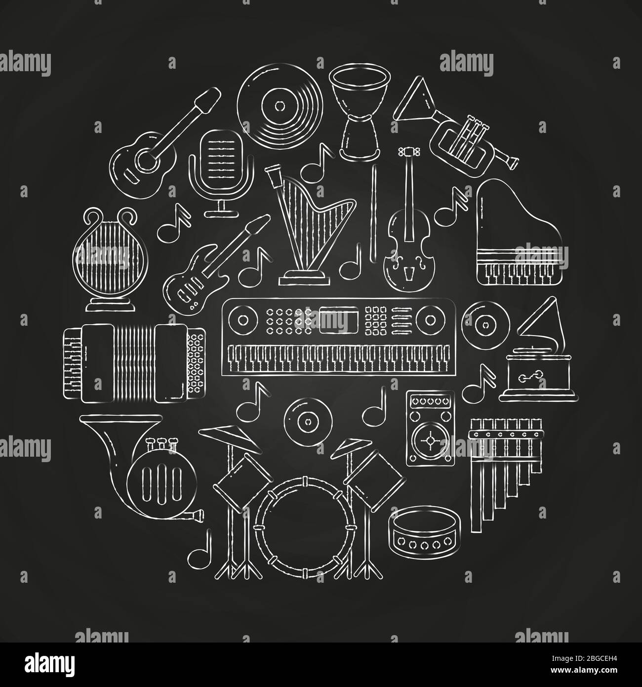 Kreidezeichnung Vektor-Musik-Poster mit Musikinstrumenten auf Tafel. Gitarre und Trommel, Klavier und Akkordeon, Mikrofon und Trompete Illustration Stock Vektor