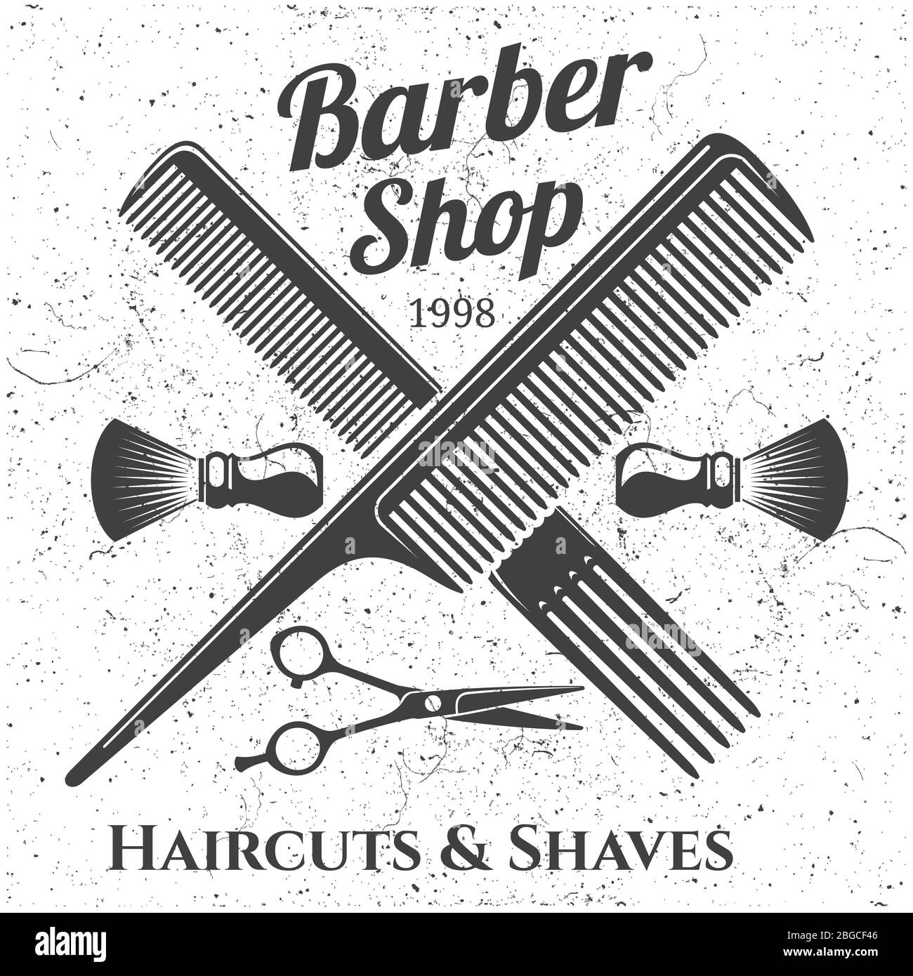 Graues Vintage Barber Shop Emblem Design. Banner mit Label-Abzeichen für Friseursalon. Vektorgrafik Stock Vektor