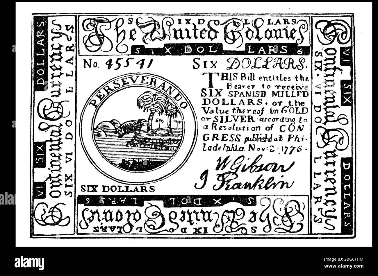 Six Dollar Note of the United Colonies, America, Ca 1780, Thirteen Colonies, 13 / sechs Dollar Note der Vereinigten Kolonien, Amerika, Ca 1780, Dreizehn Kolonien, 13, Historisch, historisch, digital verbesserte Reproduktion eines Originals aus dem 19. Jahrhundert / Digitale Reproduktion einer Originalvorlage aus dem 19. Jahrhundert Stockfoto