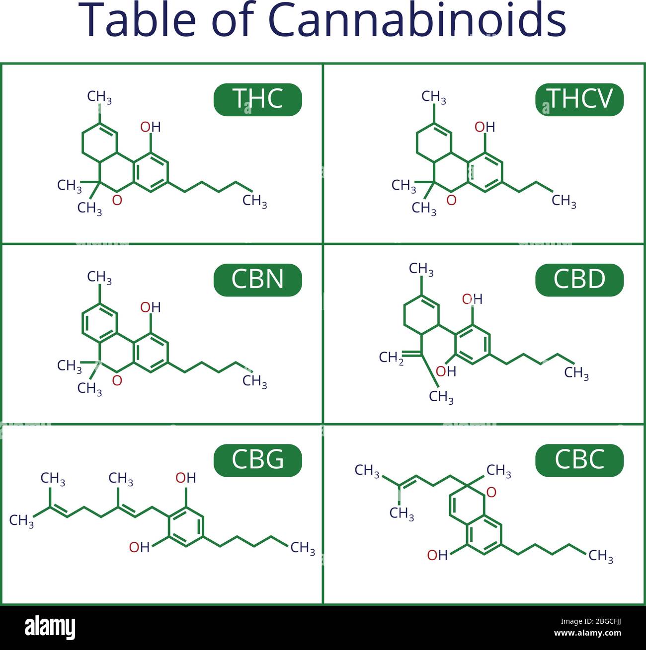 Cannabis Skelett cbd Formel. Marihuana Moleküle Vektor-Set. Cannabis Formel molekulare, chemische Struktur Cannabinoid-Illustration Stock Vektor