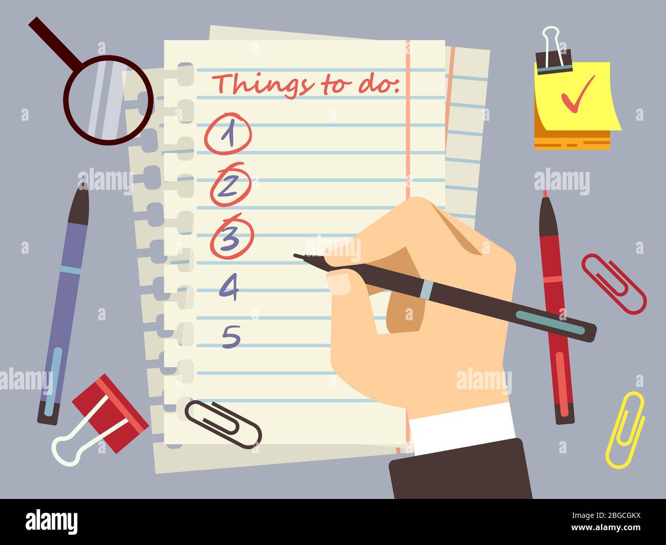 Flache to-do-Listenseite und obere Ansicht des Briefpapiers. Vektorgrafik Stock Vektor