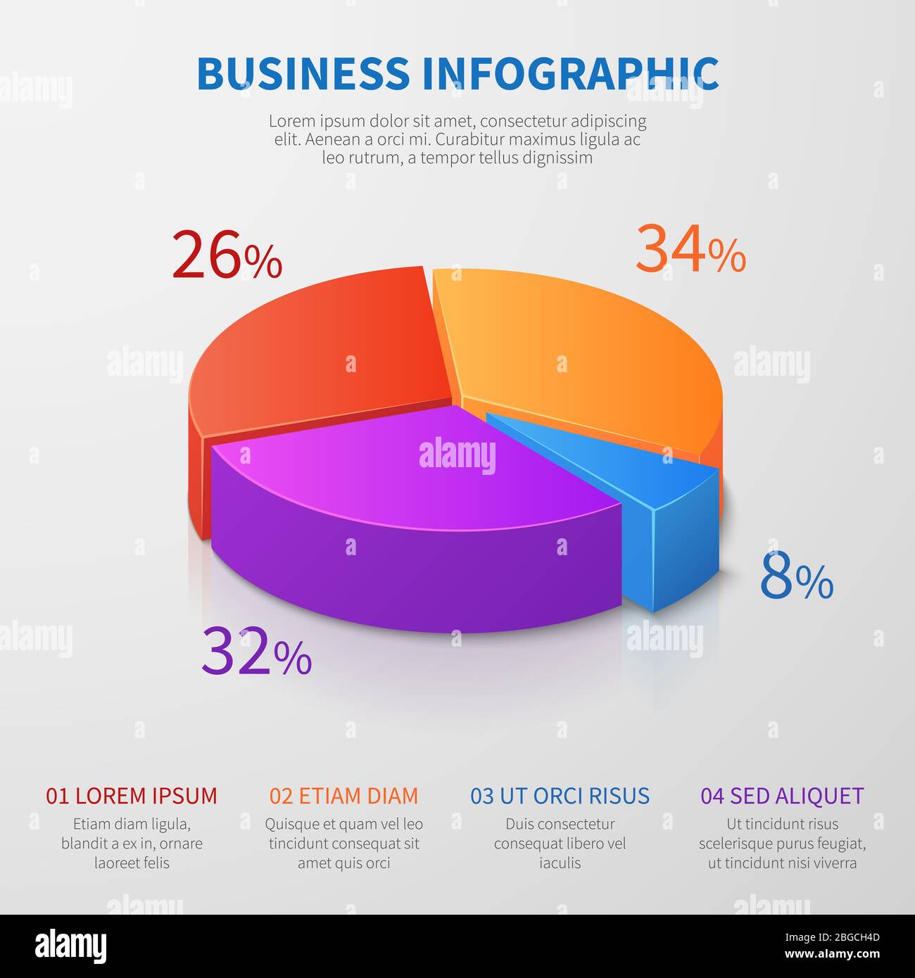 Kreisdiagramm 3d-Diagramm Vektor-Design mit Prozentsätzen und Optionen für die Unternehmenspräsentation. Abbildung der Kreisgrafik für Unternehmen, Diagrammkreis und Diagramm Stock Vektor