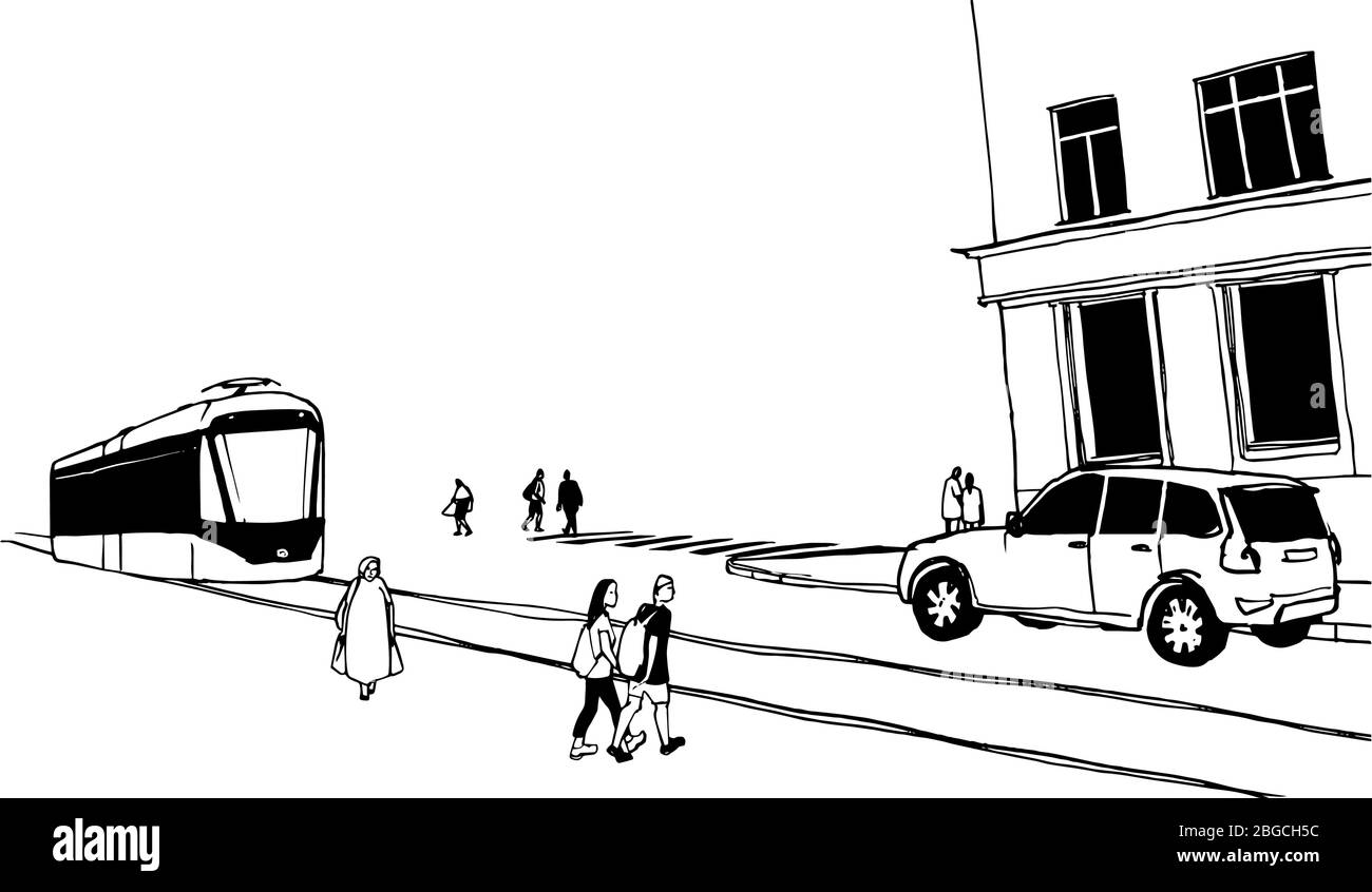 Vektor schwarz-weiß Stadtbild Skizze. Städtebauliche Zeichnung von Auto, Straßenbahn, Gebäude und Bürgersteig mit Menschen. Stock Vektor