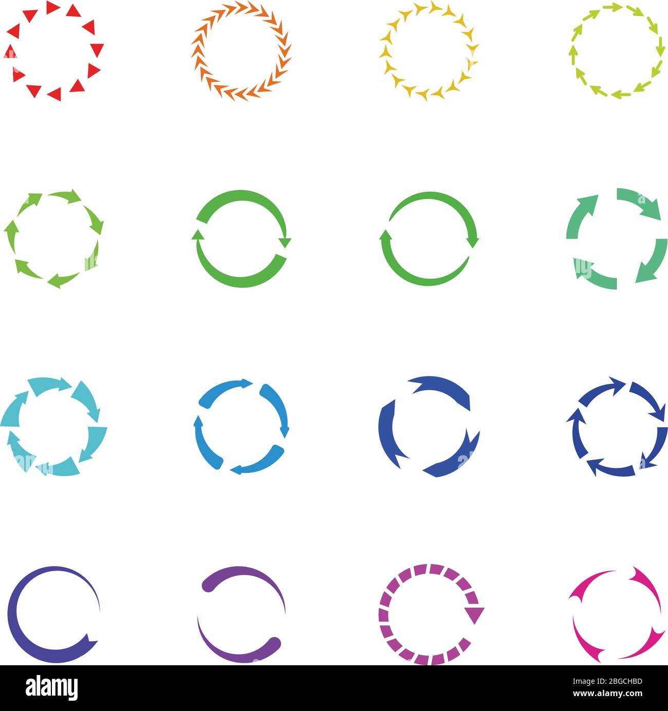 Farbkreis neu laden Pfeile Vektor-Symbole. Runden Pfeilelemente. Abbildung der Schleife mit Pfeil neu laden und aktualisieren Stock Vektor