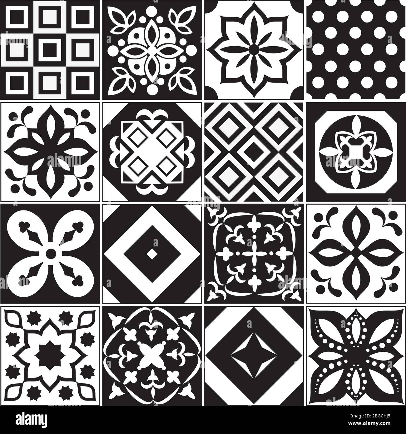 Vintage schwarz und weiß traditionelle Keramik Bodenfliesen Muster Vektor-Kollektion. Keramik Muster traditionellen Boden Hintergrund quadratische Illustration Stock Vektor