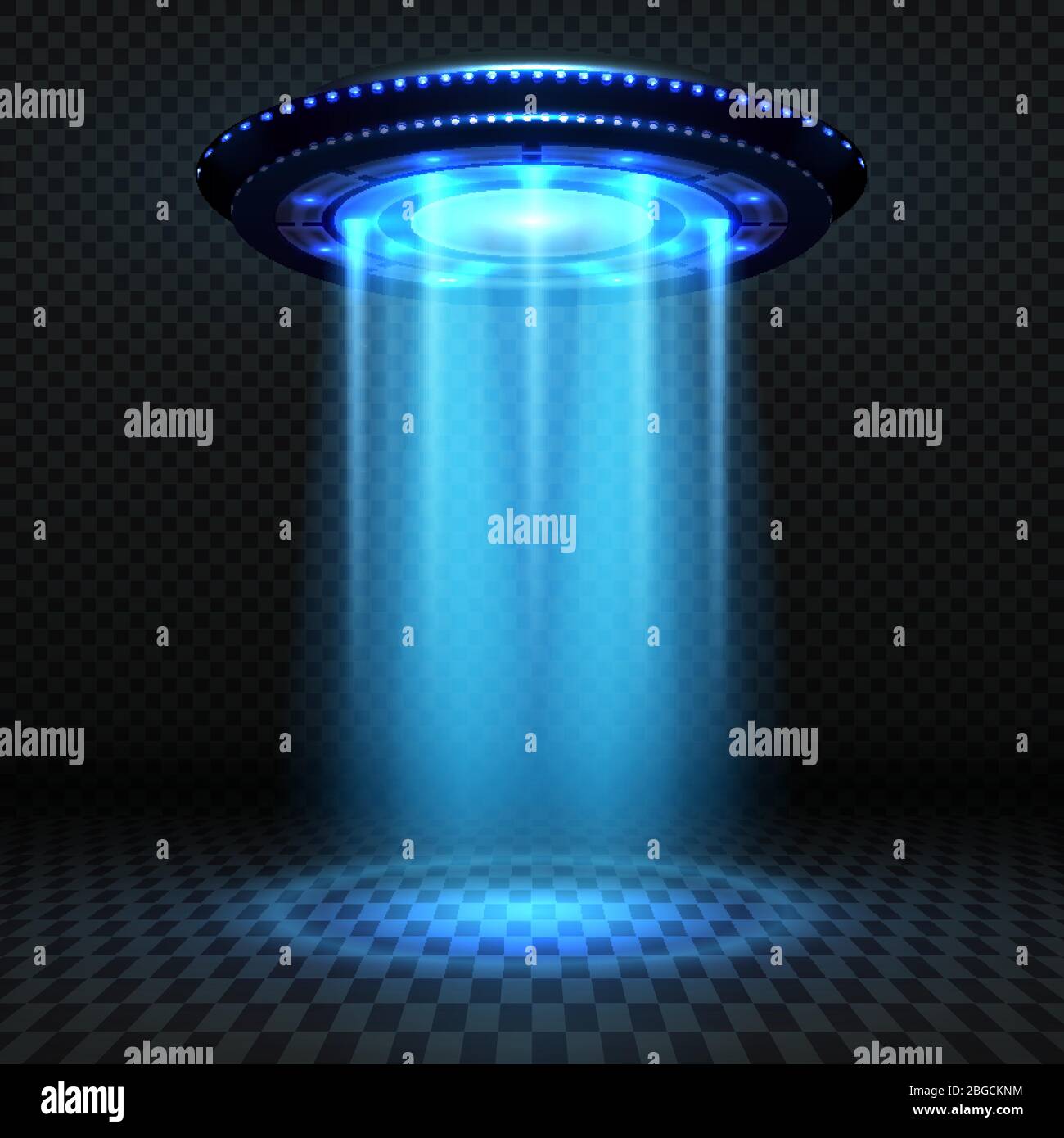 Aliens futuristisches Raumschiff, ufo mit blauen Lichtern. Invasion Vektor Konzept. UFO-Invasion, Raumschiff und Blue Ray Illustration Stock Vektor
