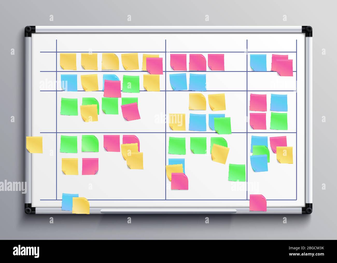 Meeting Whiteboard mit farbigen Sticker. Scrum-Aufgabenbrett mit Haftnotizen der täglichen Plan-Vektor-Illustration. Aufkleber-Brett für die Planung Teamarbeit Stock Vektor