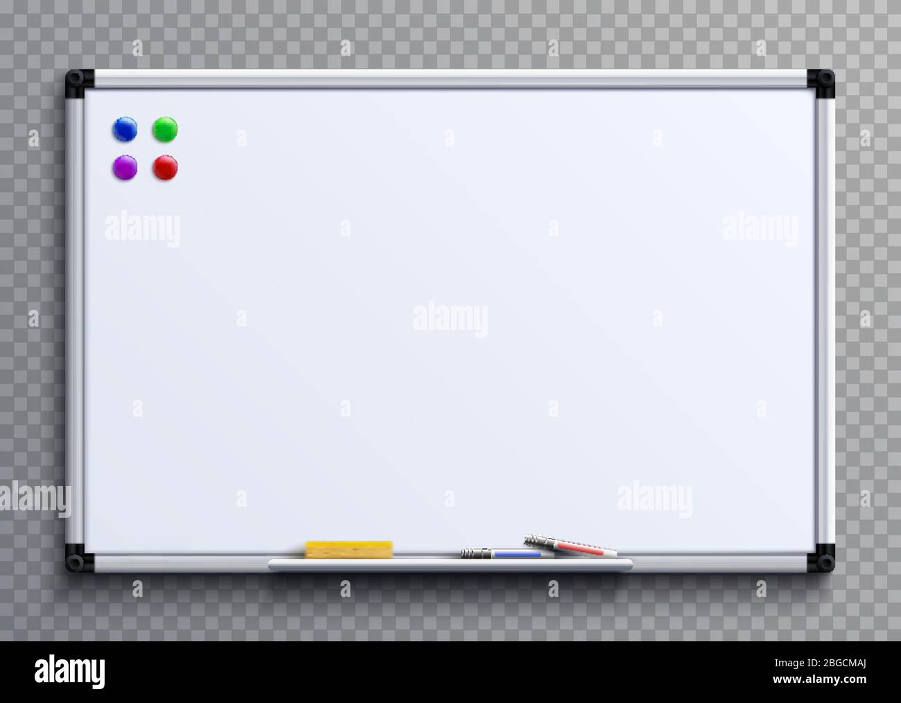 Leere Whiteboard mit Markierstiften und Magneten. Business Präsentation Büro Whiteboard isolierte Vektor-Modell. Abbildung Whiteboard Clean mit farbigen Markern Stock Vektor