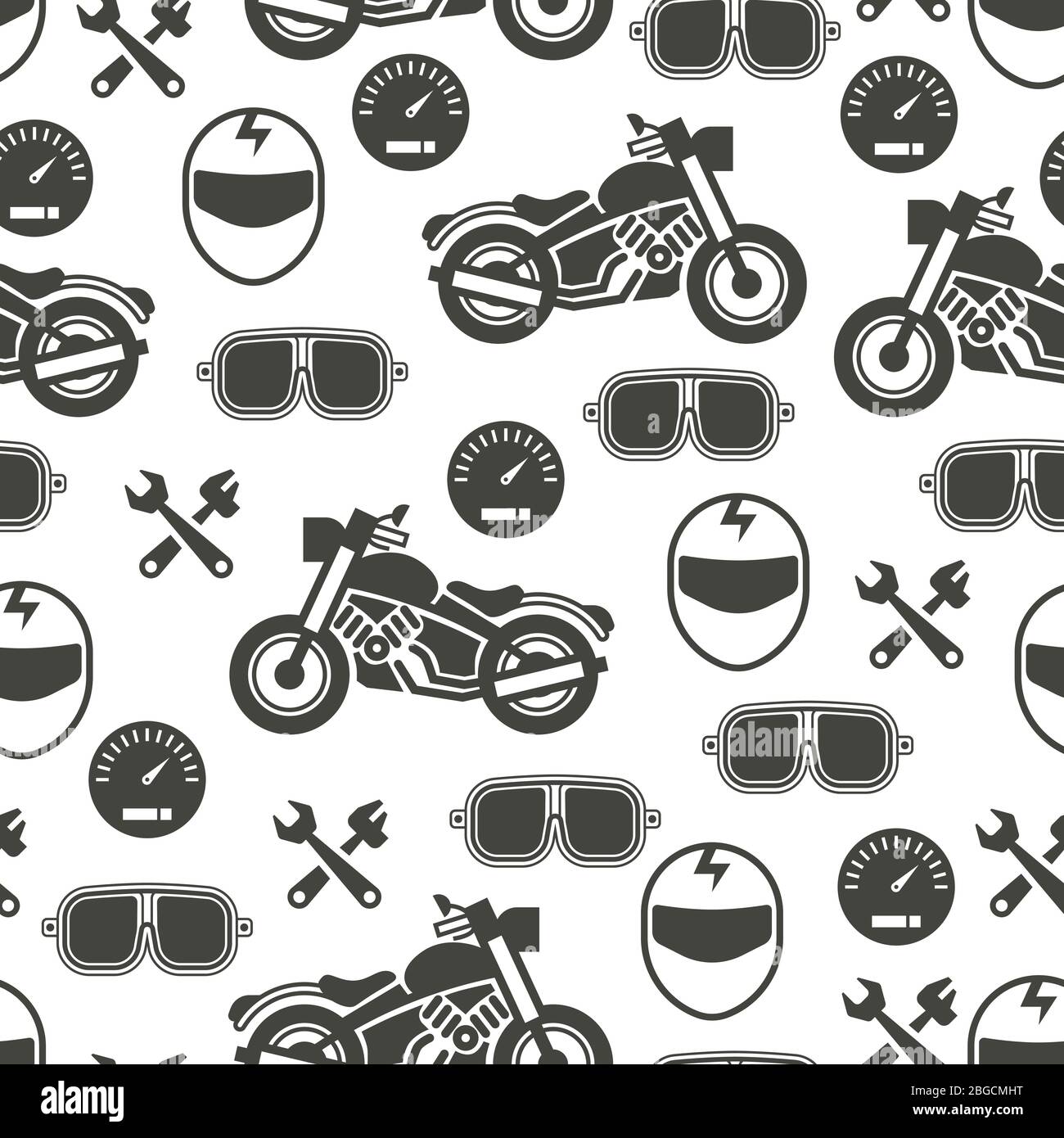 Monochromes Muster mit Motorrad Speed Zubehör - Moto nahtloses Muster. Vektorgrafik Stock Vektor