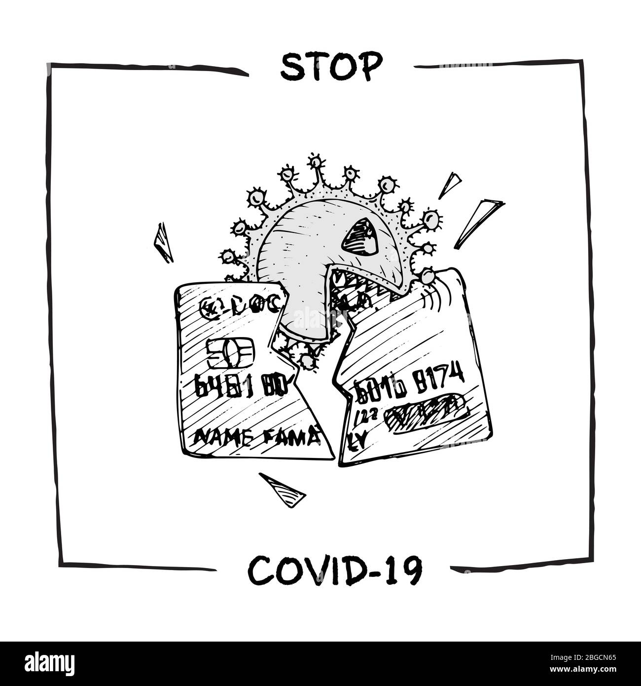 Design Konzept der medizinischen, sozialen, wirtschaftlichen und finanziellen Informationen Agitationsposter gegen Coronavirus-Epidemie mit Text Stop Covid-19 Sketch Stock Vektor