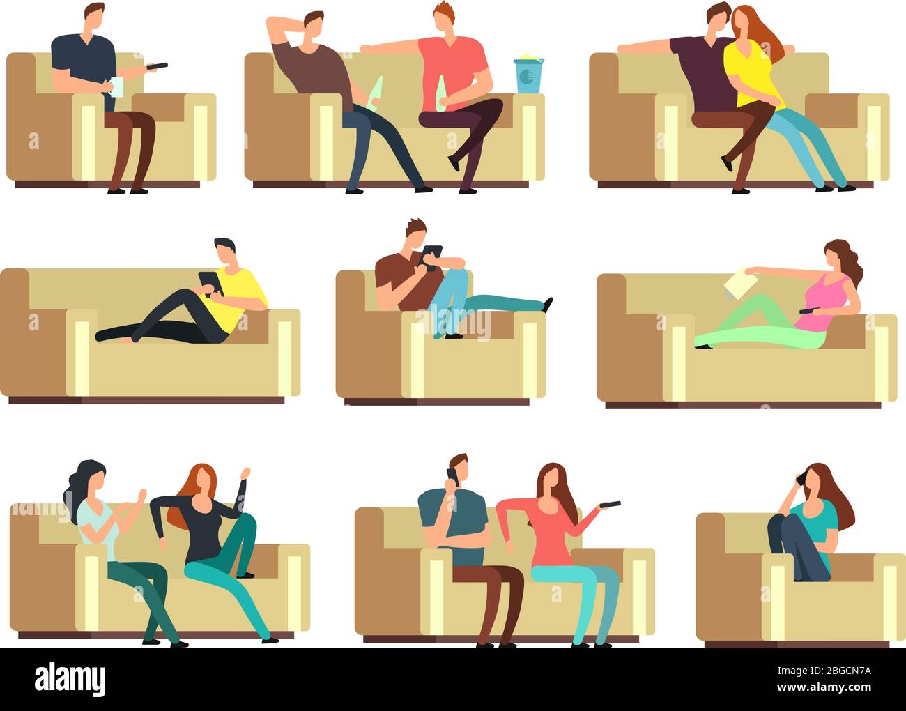 Leute, die Fernsehen, sich mit dem Telefon ausruhen, auf der Couch schnücken. Zeichen auf Urlaub Vektorsatz. Paar Mann und Frau auf Couch mit tv-Illustration Stock Vektor