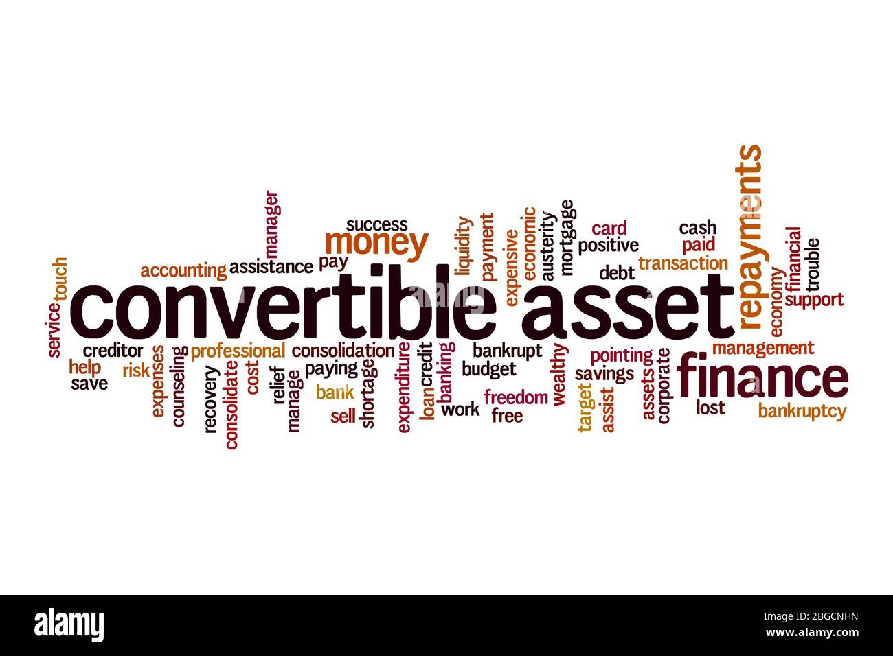 Konvertierbares Asset Word Cloud Konzept auf weißem Hintergrund Stockfoto