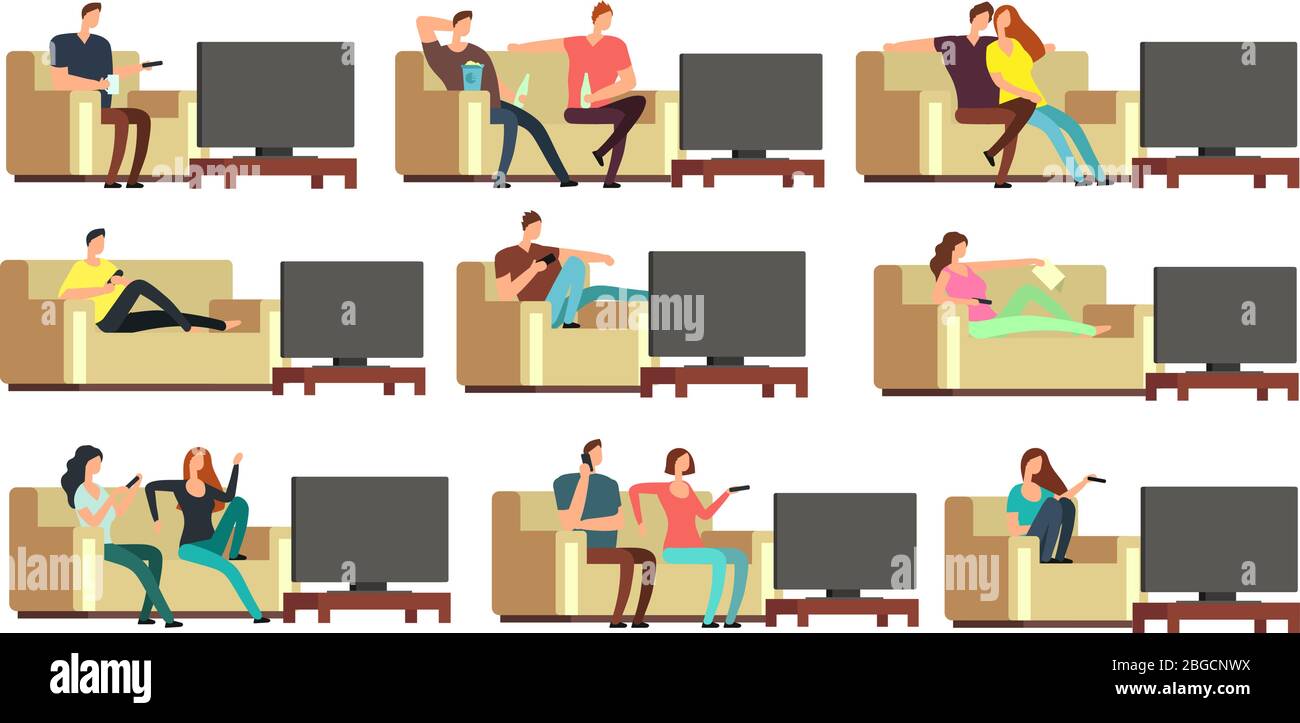 Glückliche Familie zu Hause Fernsehen. Junges Paar ruht auf bequemen Couch Vektor-Set. Paar Mann und Frau auf dem Sofa Illustration Stock Vektor
