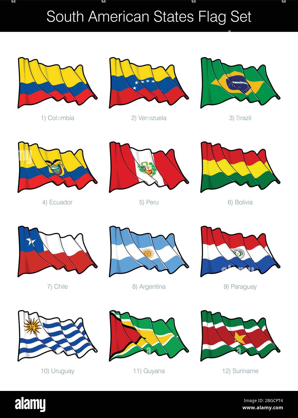 Südamerikanische Staaten Winken Flagge Set. Das Set enthält die Flaggen von Argentinien, Bolivien, Brasilien, Chile, Ecuador, Guyana, Paraguay, Peru, Surinam, Uru Stock Vektor