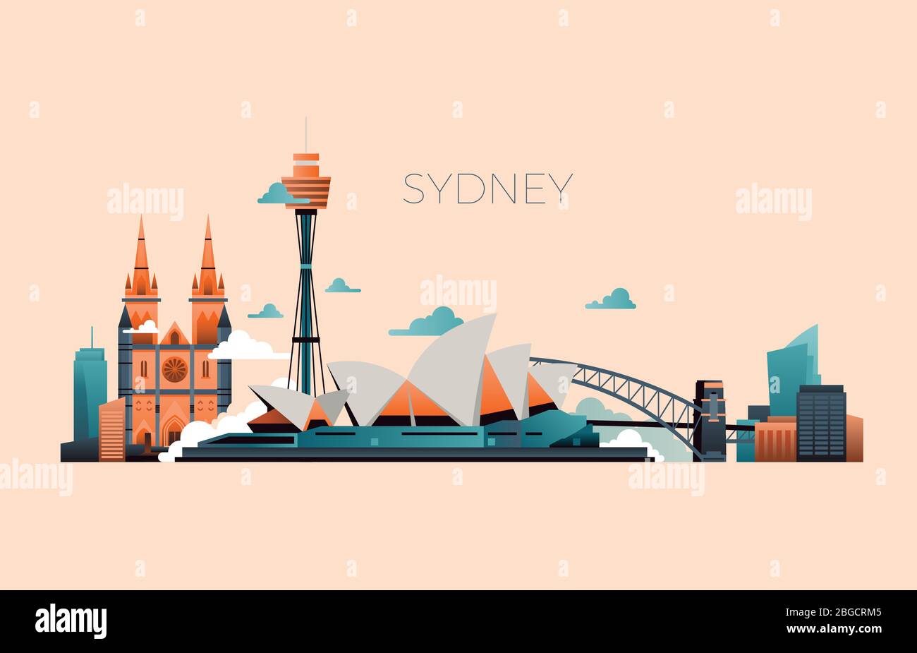 Australien Reise Wahrzeichen Vektorlandschaft mit Sydney Oper und berühmten Gebäuden. Sydney Stadtarchitektur, Wahrzeichen und Panorama Gebäude Illustration Stock Vektor
