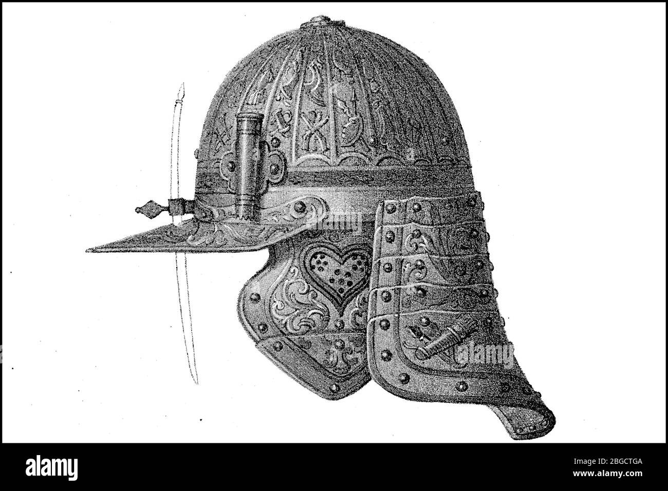 Helm eines Kuirassieroffiziers aus dem Dreißigjährigen Krieg / Helm einer Kuerassieroffizier aus dem Dreizigjährigen Krieg, historisch, historisch, digital verbesserte Reproduktion eines Originals aus dem 19. Jahrhundert / Digitale Reproduktion einer Originalvorlage aus dem 19. Jahrhundert Stockfoto