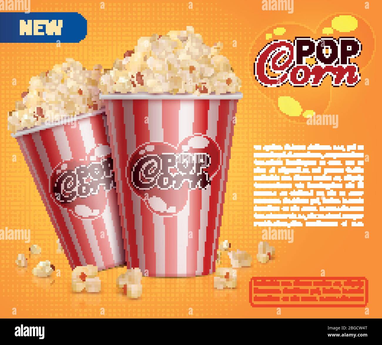 Klassische Popcorn Kino Snacks Vektor Werbehintergrund. Pop Mais für Kino, Eimer mit Popcorn-Illustration Stock Vektor