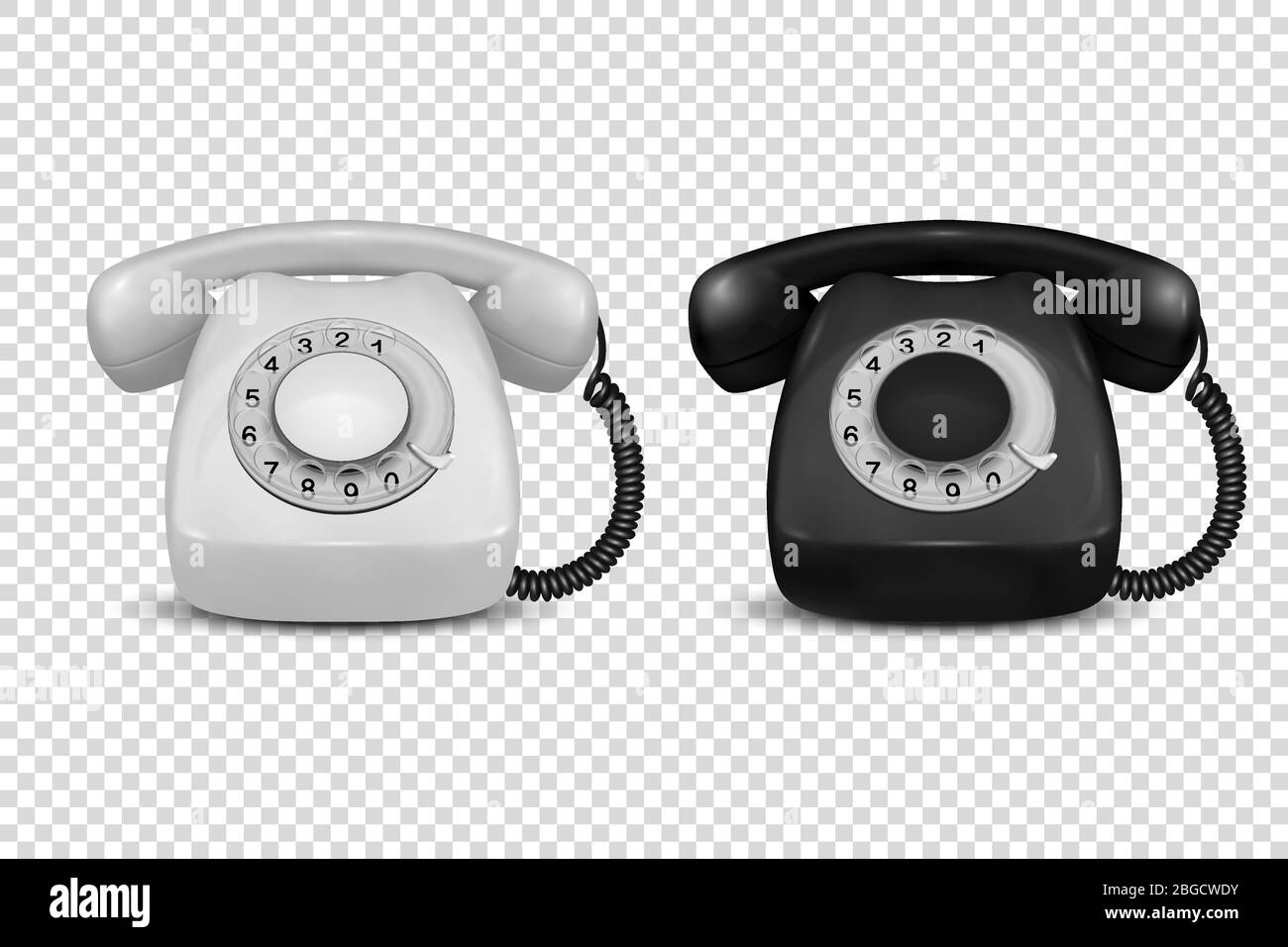 Vektor 3d realistische Vintage Retro Alte Weiß und Schwarz Telefon Symbol Set Nahaufnahme isoliert auf transparentem Hintergrund. Designvorlage, Call Center Stock Vektor