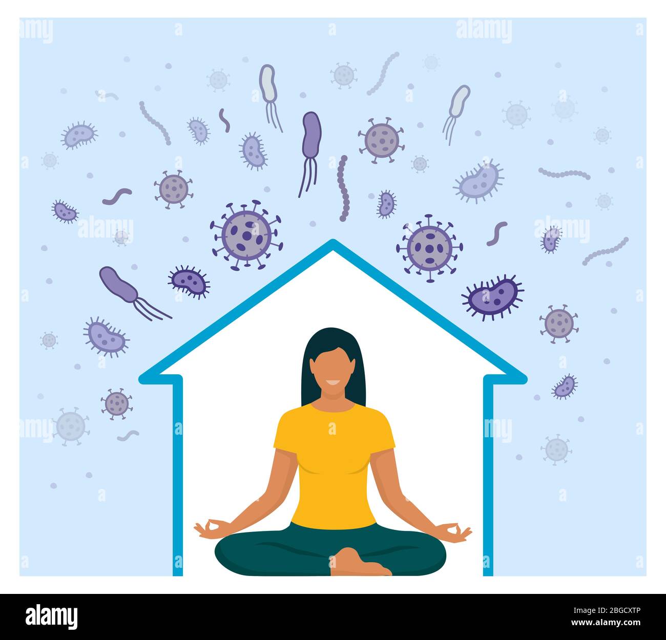Frau isoliert zu Hause und meditiert, schützt sie sich vor Ansteckung und stärkt ihr Immunsystem Stock Vektor