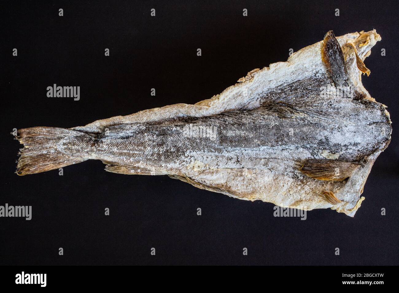 Salzig getrockneter Fisch auf schwarzem Hintergrund Stockfoto