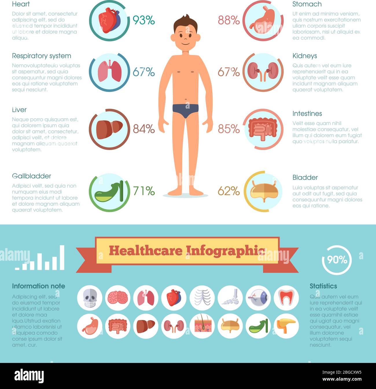 Healthcare Infografik Elemente mit menschlichen verschiedenen Organen gesetzt. Vektorgrafiken für Medizin Stock Vektor