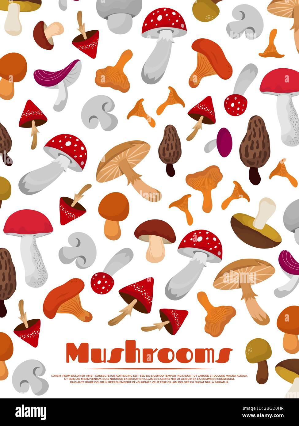 Delikatessen frisch essbare Pilze Poster Banner Hintergrund Muster. Vektorgrafik Stock Vektor