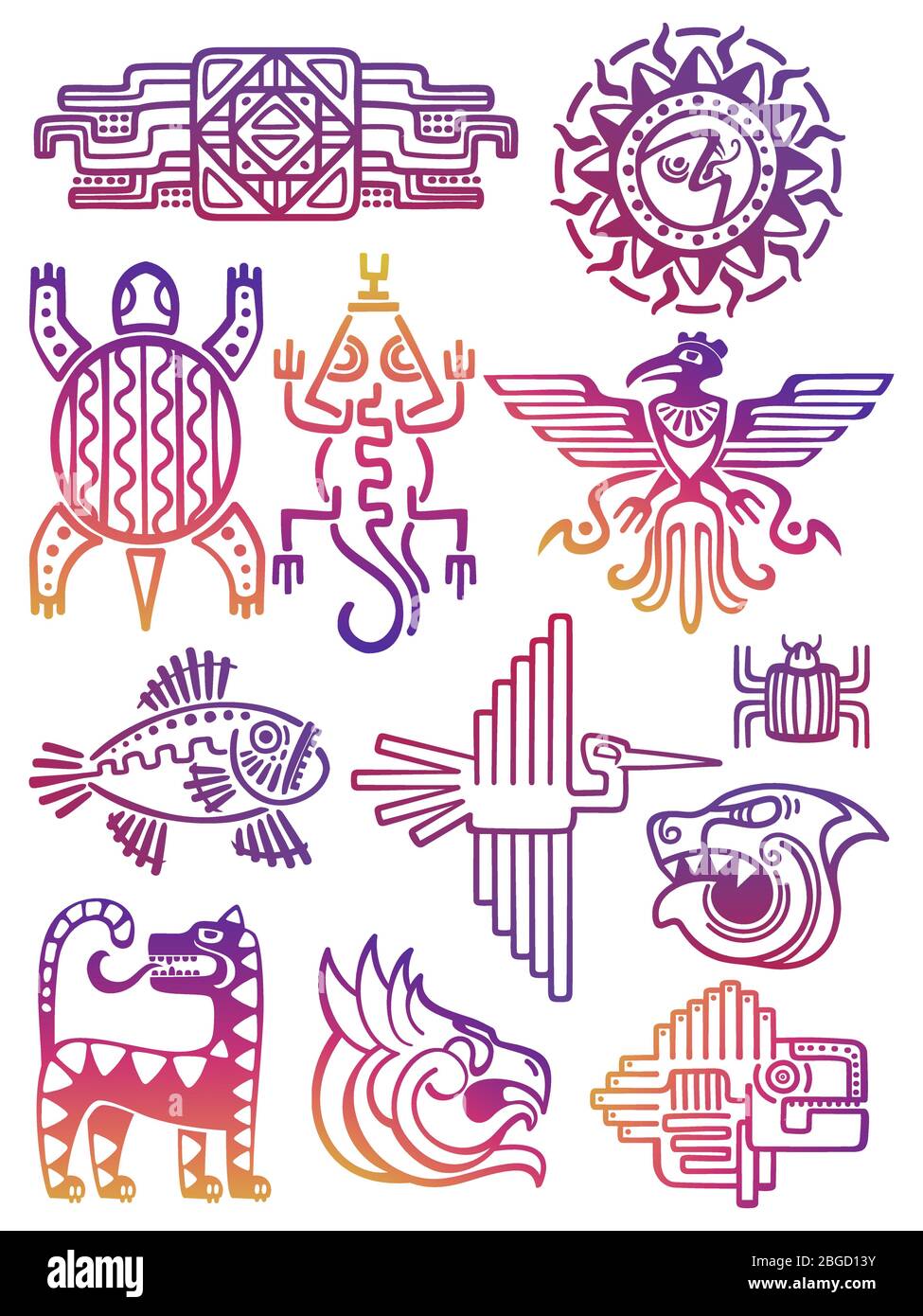 Bunte amerikanische azteken, maya-Kultur-Symbole auf weißem Hintergrund isoliert. Vektorgrafik Stock Vektor