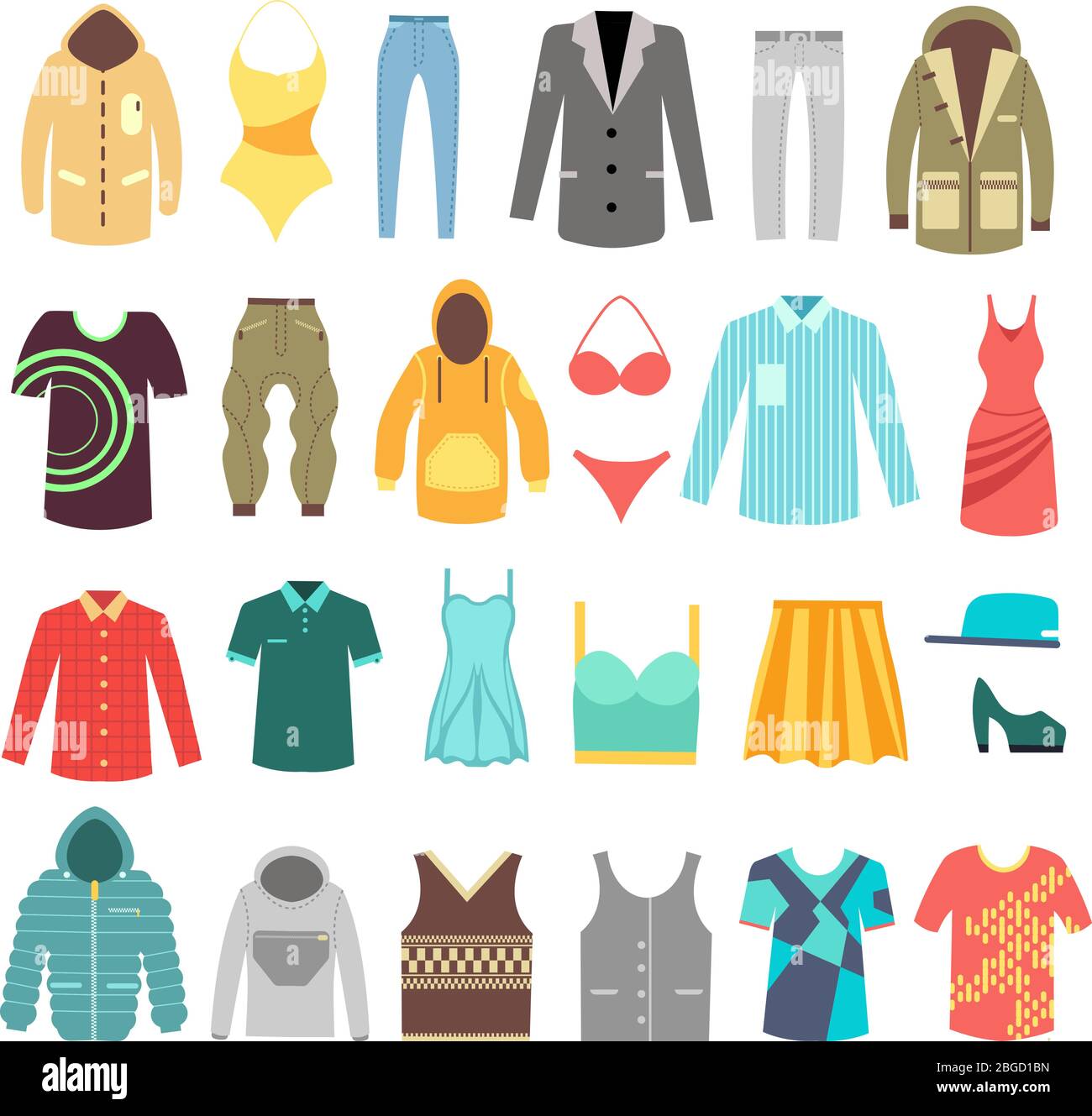 Moderne stilvolle Männer und Frauen Kleidung, Schuhe und Accessoires Vektor-Symbole. Illustration von Mode Kleid und Kleidung, Hemd und Kleidung Stock Vektor