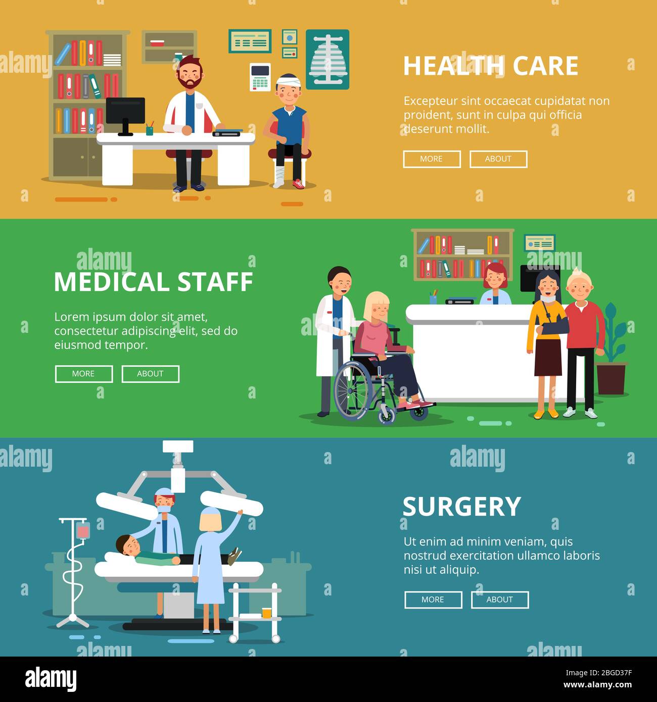 Drei horizontale Vektorbanner mit Bildern von Gesundheitskonzepten. Medizinische Räume und Büros im Krankenhaus. Patienten und Ärzte Stock Vektor