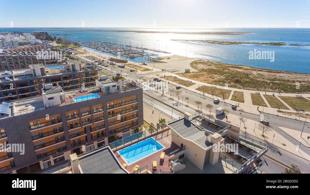 Luftaufnahme von Olhao, Algarve, Portugal. Ria Formosa Stockfoto