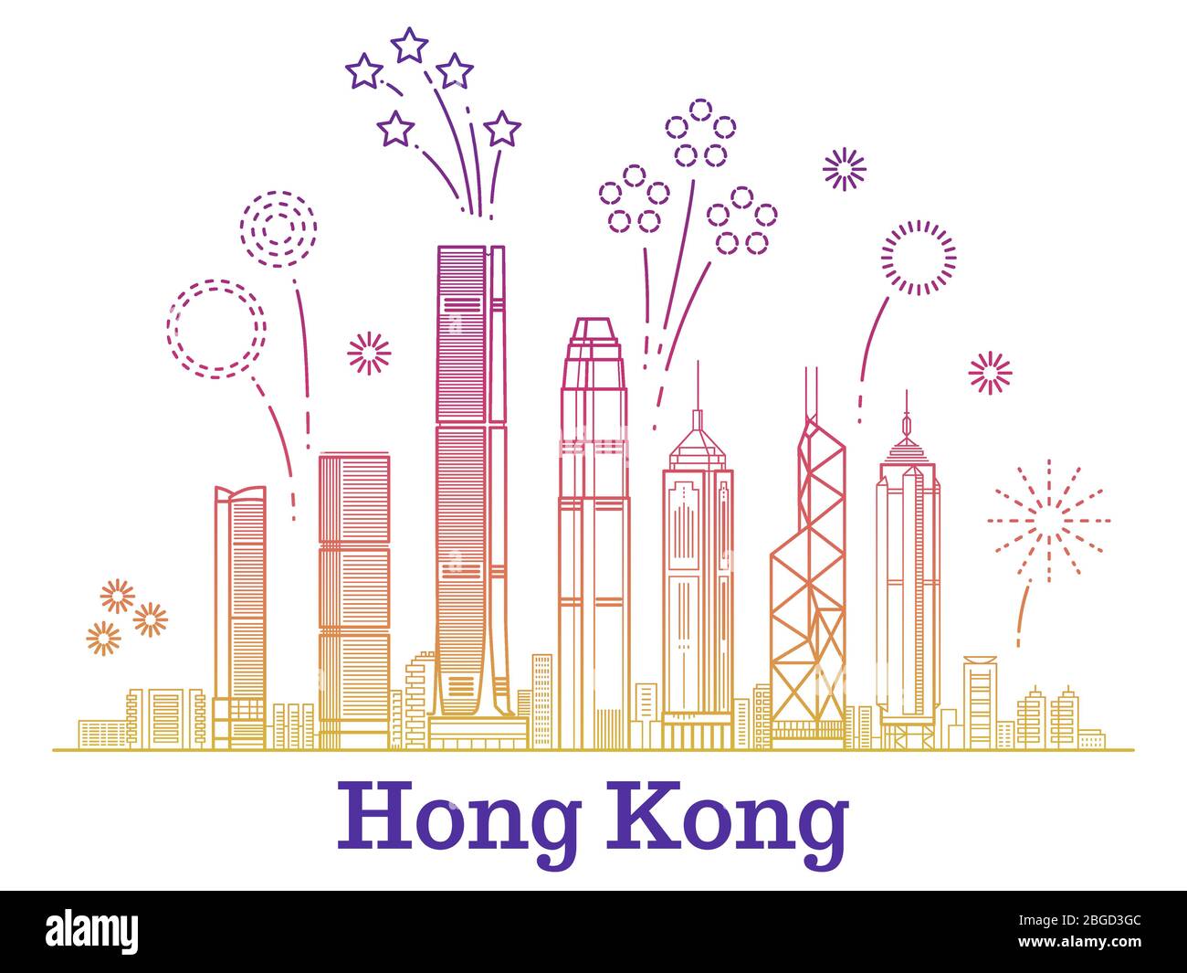 Hong kong City Vektor Panorama mit bunten festlichen Feuerwerk. Hong kong Gebäude Wolkenkratzer Illustration Stock Vektor